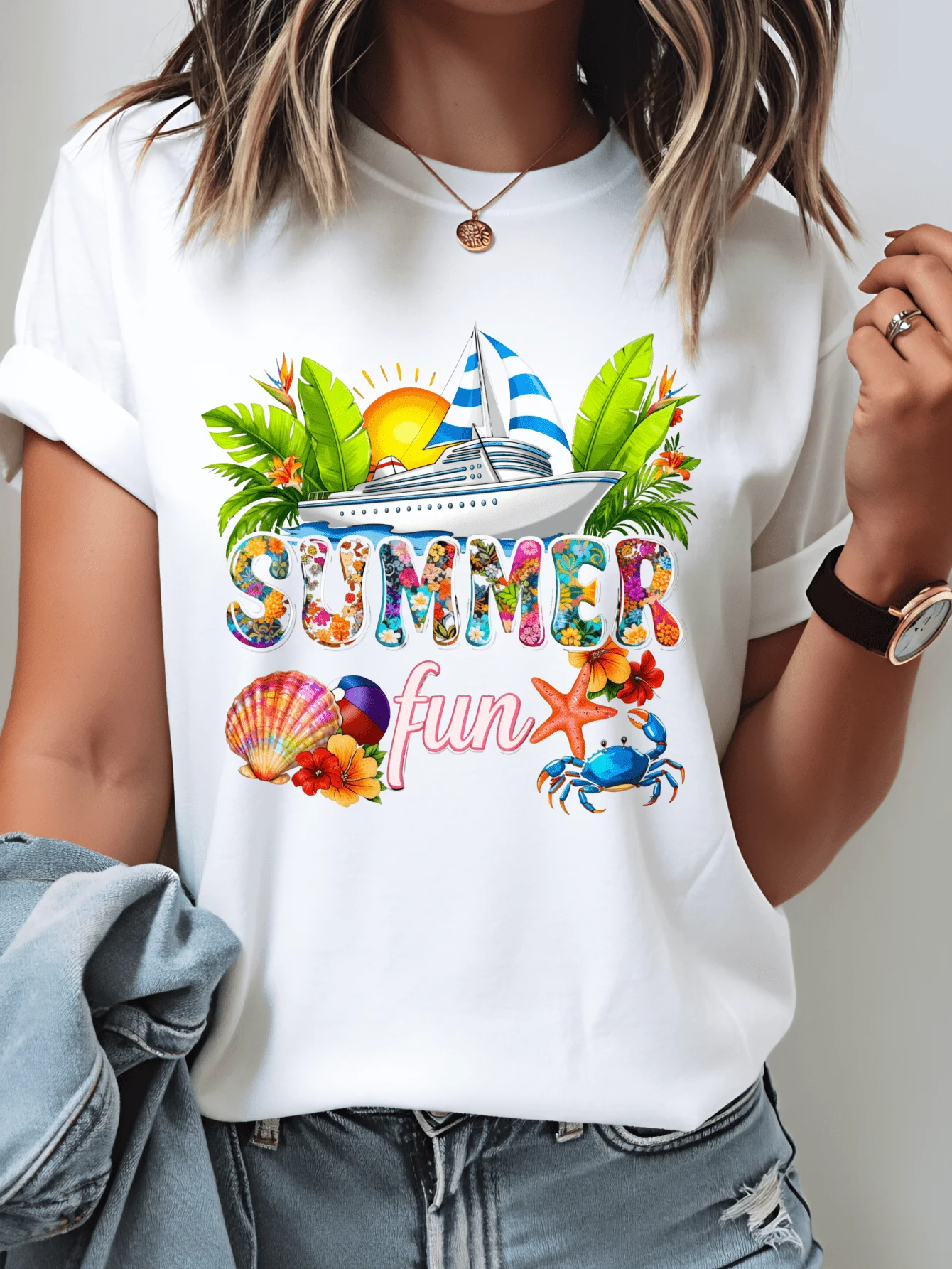 Summer Fun Cruise Print White T-Shirt, Women's Casual Short-Sleeve T-Shirt, Machine Washable Comfortable Top, Perfect for Vacation and Everyday Wear, High Quality and Versatile