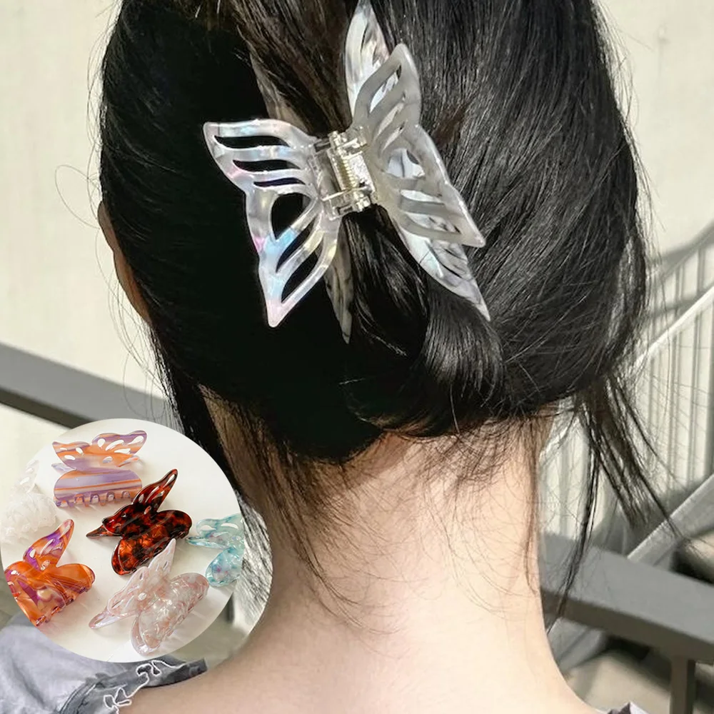 ?Acetate Resin Hair Claws Hollow Butterfly Grab Clip Gradient Tie-Dye Colored Fairy Butterfly Hairpin Clip Barrettes For Women