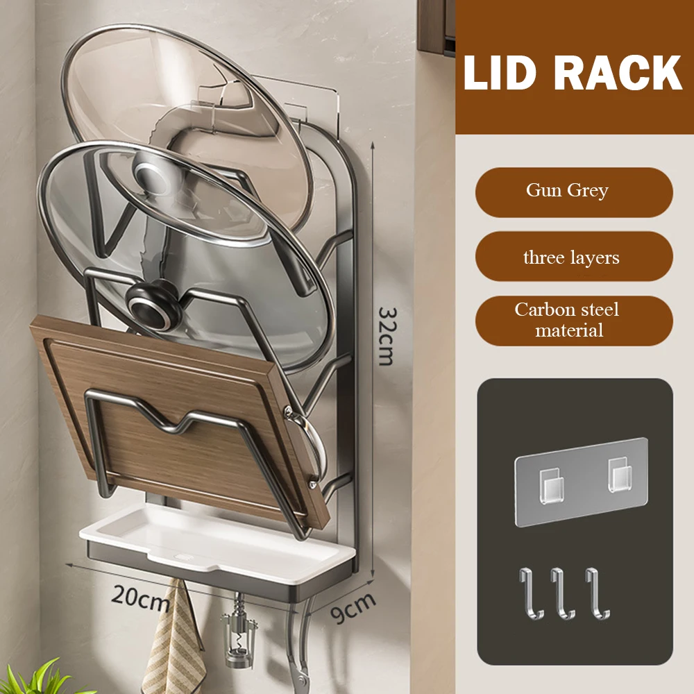 Kitchen Pot Lid Rack With 3 Hooks Easy Cleaning Stable Storage Shelf For Kitchen Utensils