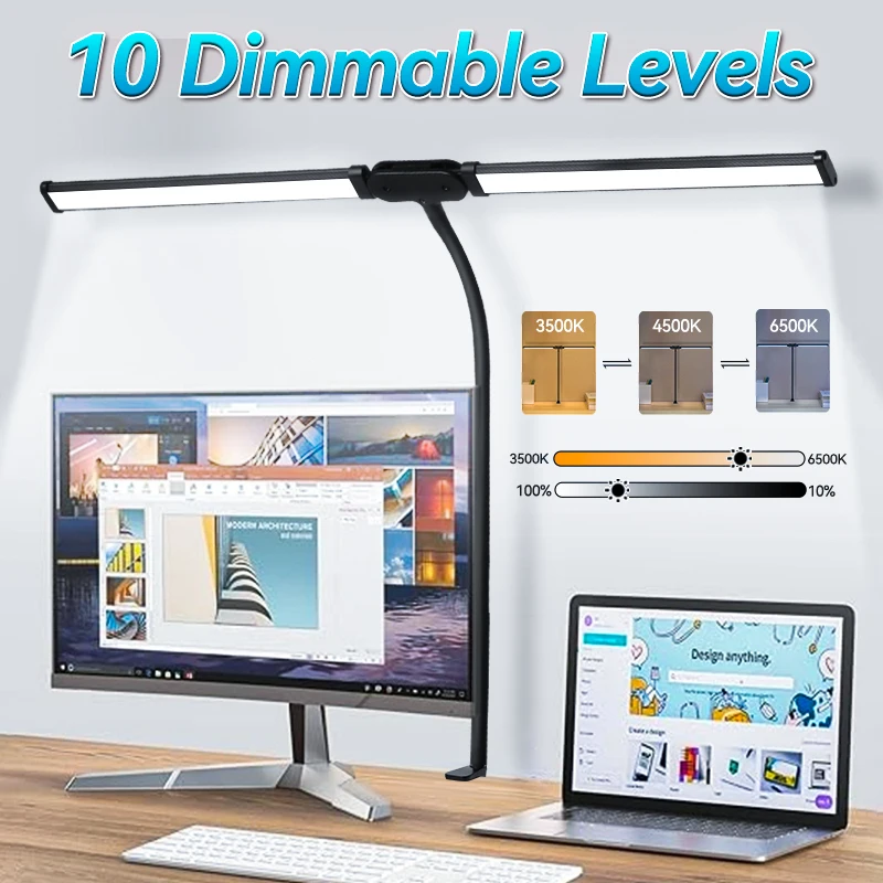 Imagem -02 - Clip Led Table Lamp Monitor Light Stand Modos de Cor 10 Dimmable Reading Lights para Estudo Escritório Double Head Desk Lamp