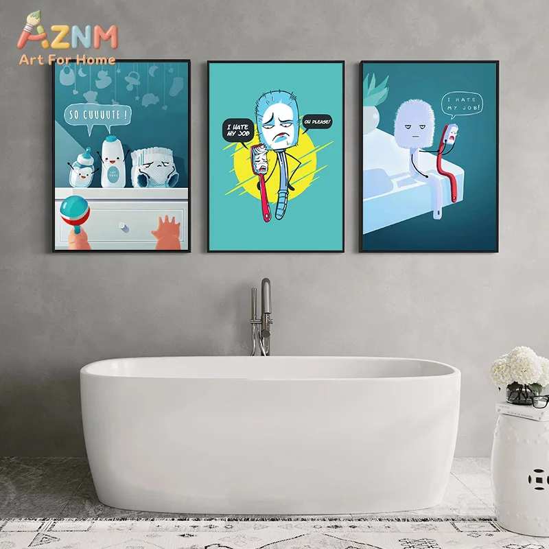AZNM Funny Cartoon Bathroom Canvas Wall Art Humor Toilet Brush Tissue Print Frameless Canvas Painting Restroom Decor Poster