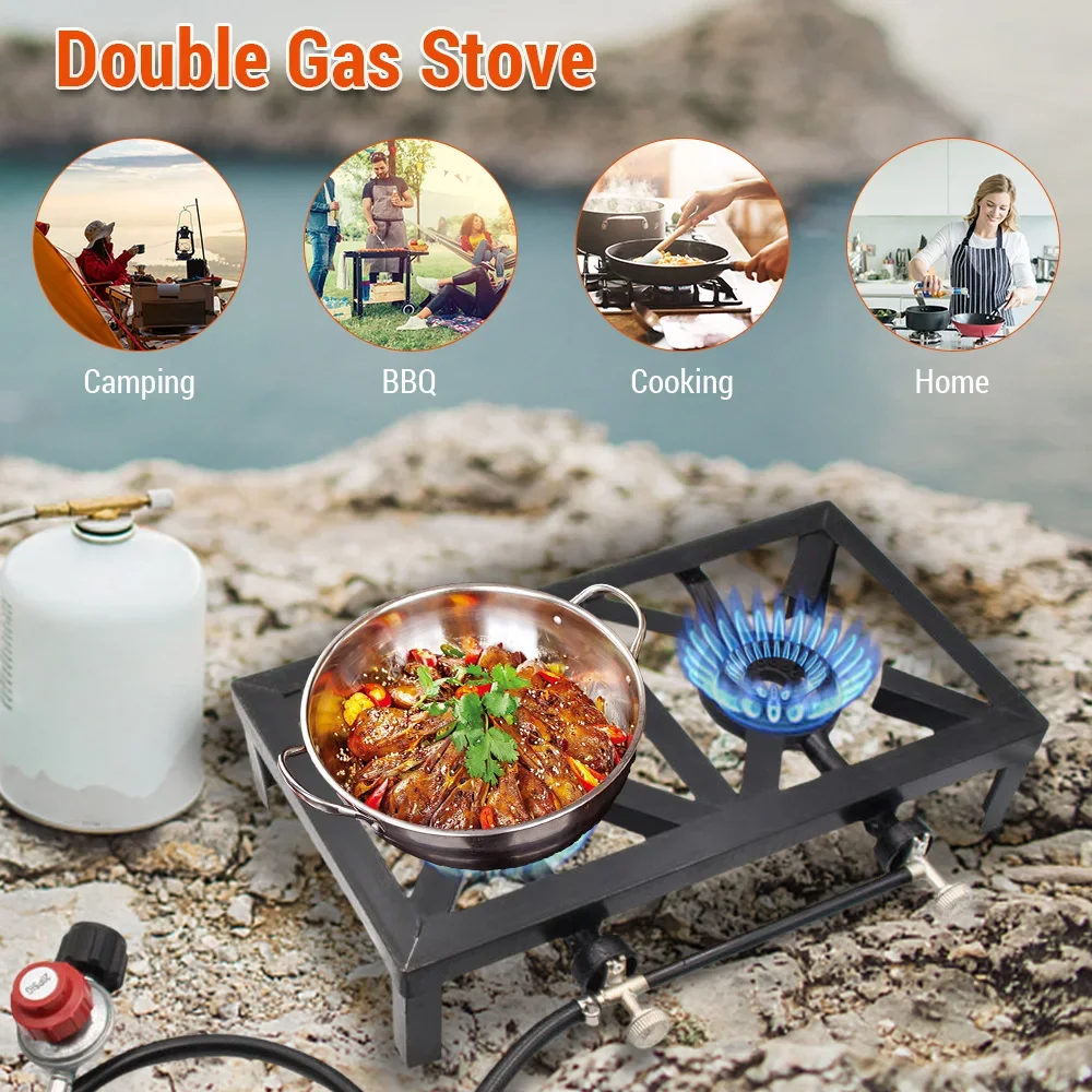 

Outdoor Camping Propane Gas Burner Double Cast Iron Stove Portable Multi-Function Stove for Picnic Hiking BBQ Cooking