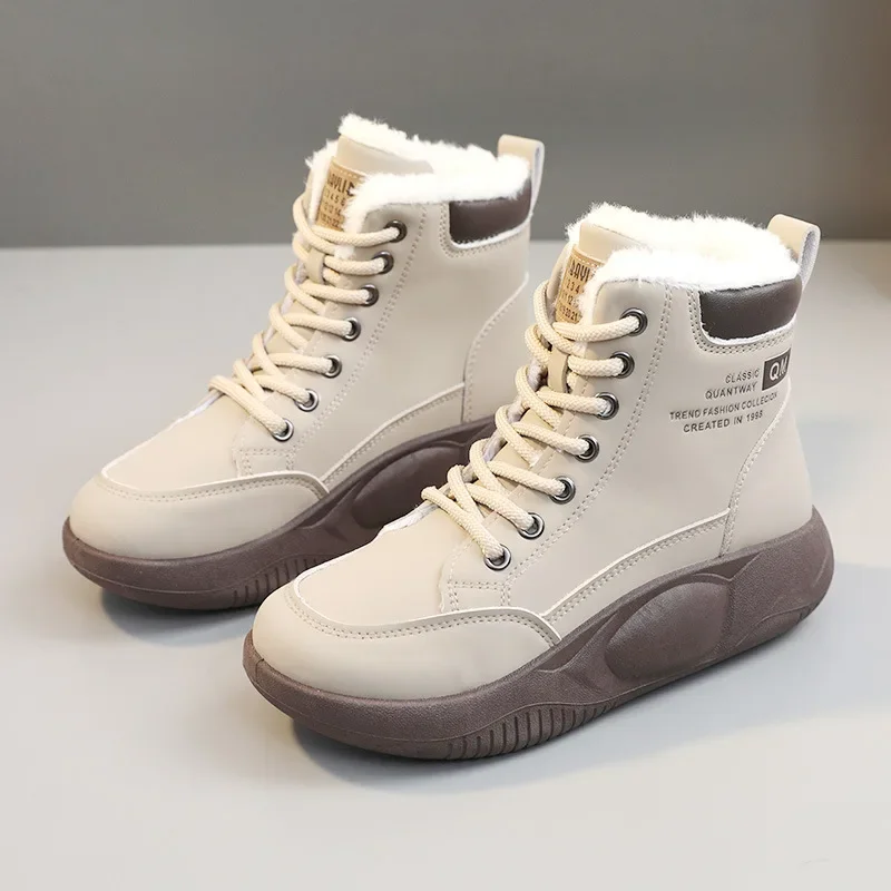 

Winter Cotton Boots for Women Cotton Shoes High Top Women Plush Warm Student Ankle Boots Lace Up Height Increasing Booties