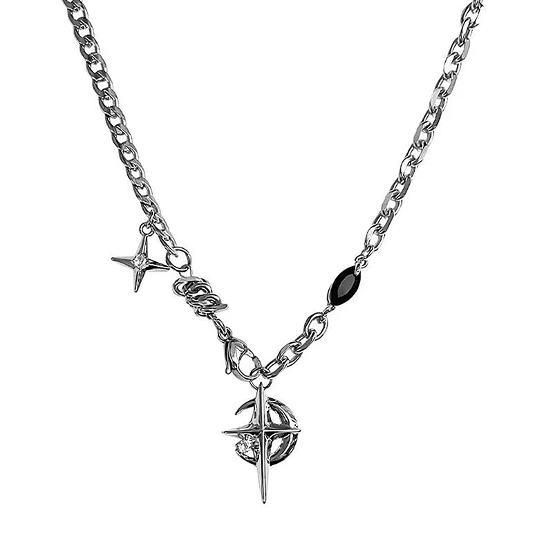 1PCS Y2K Cuban Chain Star Moon Pendant Necklace Punk Black Zircon Chain Choker Necklace