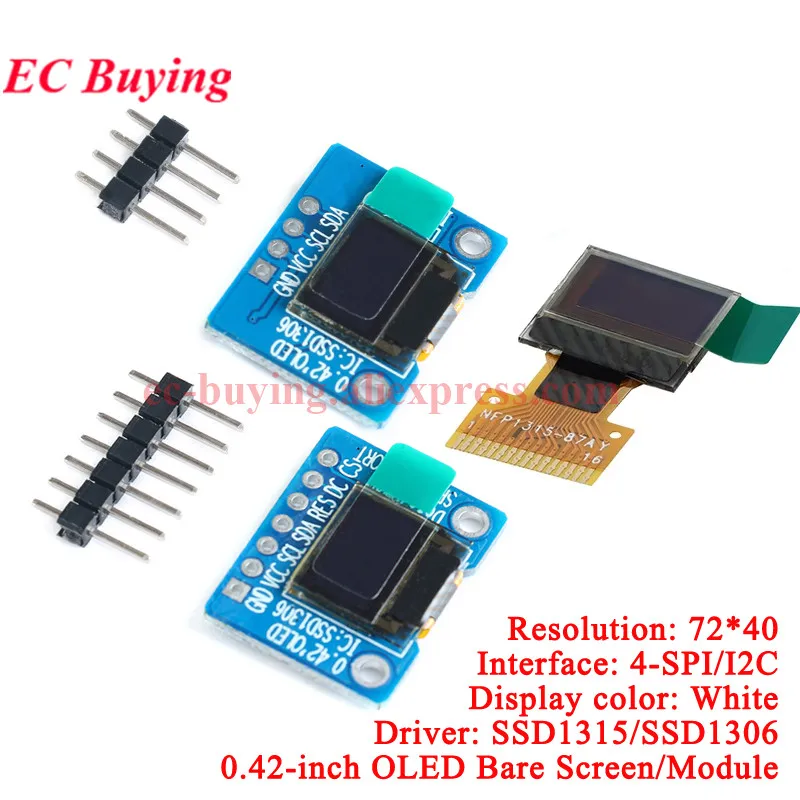 1-5Pcs 0.42” 0.42 Inch White OLED Display LCD Module 72X40 Serial Screen I2C IIC/SPI Interface SSD1306 72*40 4P 7Pin SSD1315