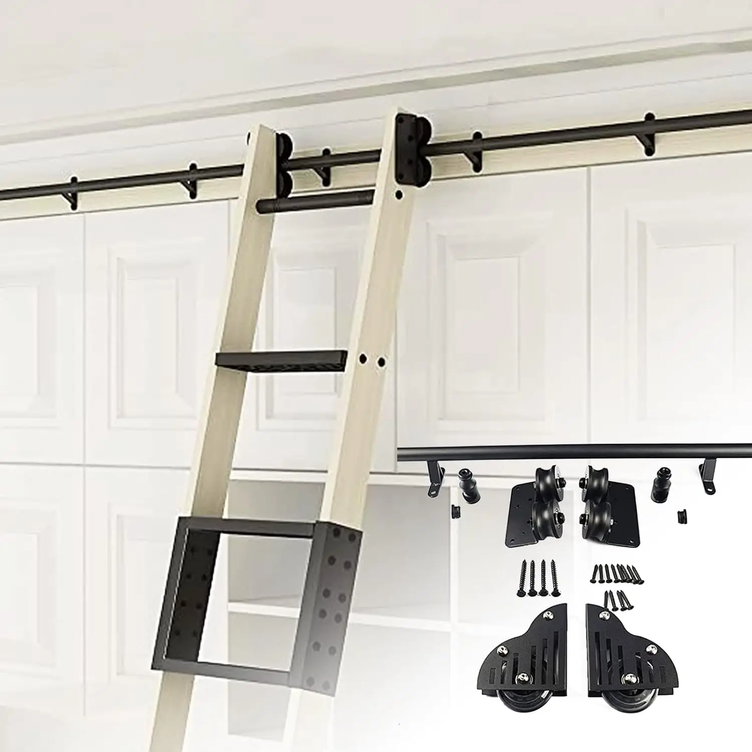 Sliding Barn Door Hardware Kit(No Ladder) 3.3Ft-20Ft, Rolling Ladder Wrought Iron Round Tube Mobile Ladder Library Track Full