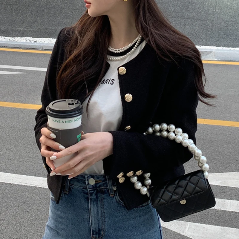

Retro Chic Long Sve Coat round Ne Single Button ket Design Heavyweight Loose Fit Versatile Outerwear for Women