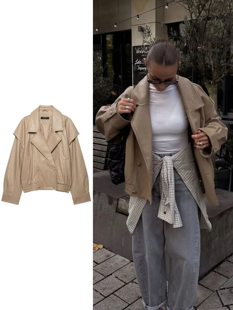 HH Women's Faux Leather Jacket Fall Winter Moto Jacket Oversized Lapel Collar PU Leather Coat Trendy Streetwear Casual Outerwear