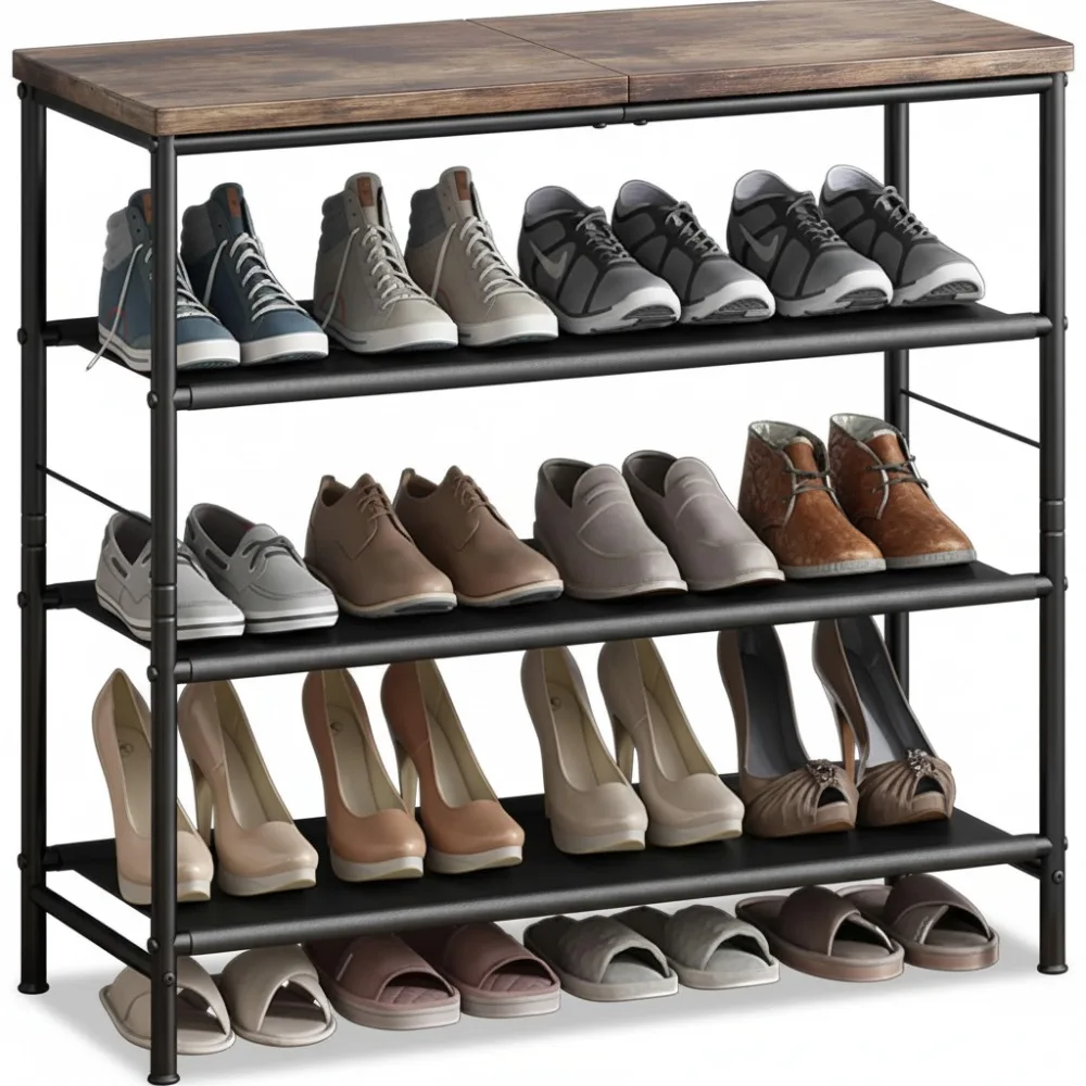 

4-Tier Metal Shoe Rack Organizer with MDF Top, Fabric Shelves for Entryway, Closet, Bedroom - Black & Rustic Brown