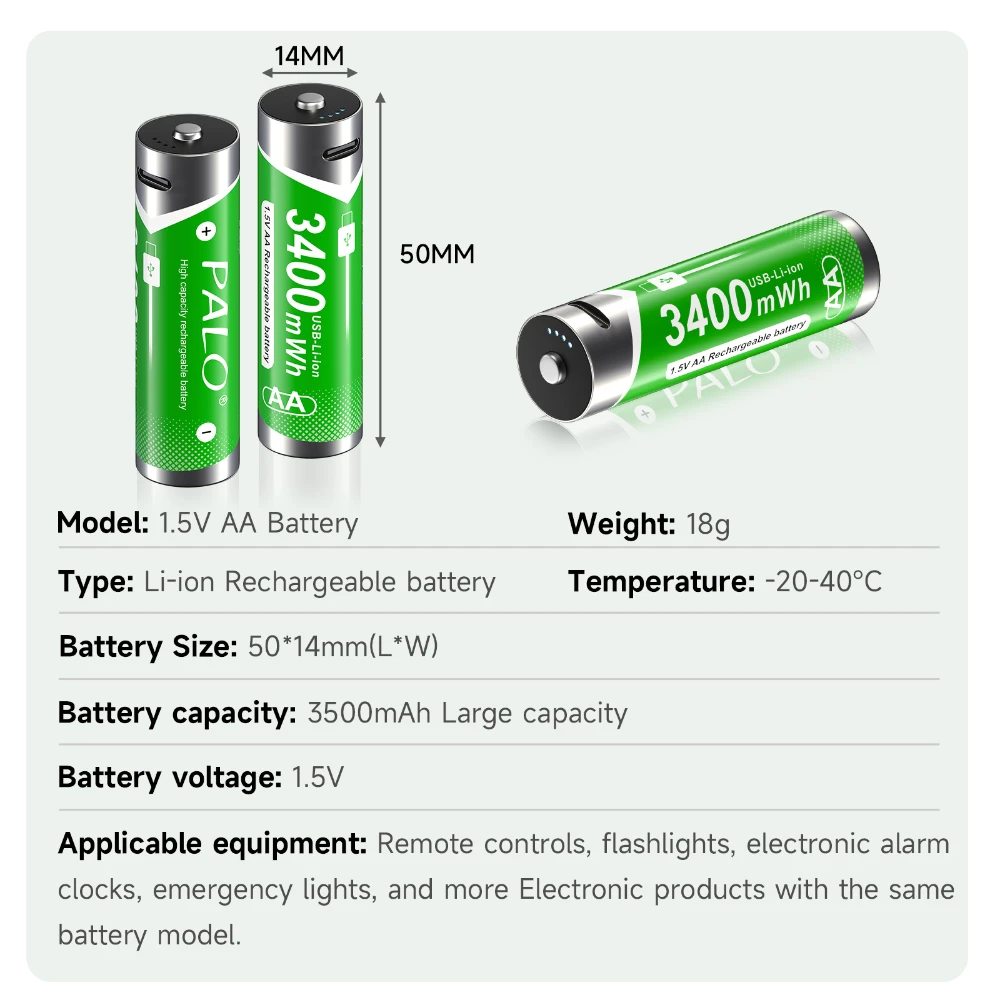 PALO 1.5V AA Bateria litowo-jonowa 3400mWh AA Akumulatory litowo-jonowe LR6 AA z portem USB do pilota z klawiaturą zabawkową