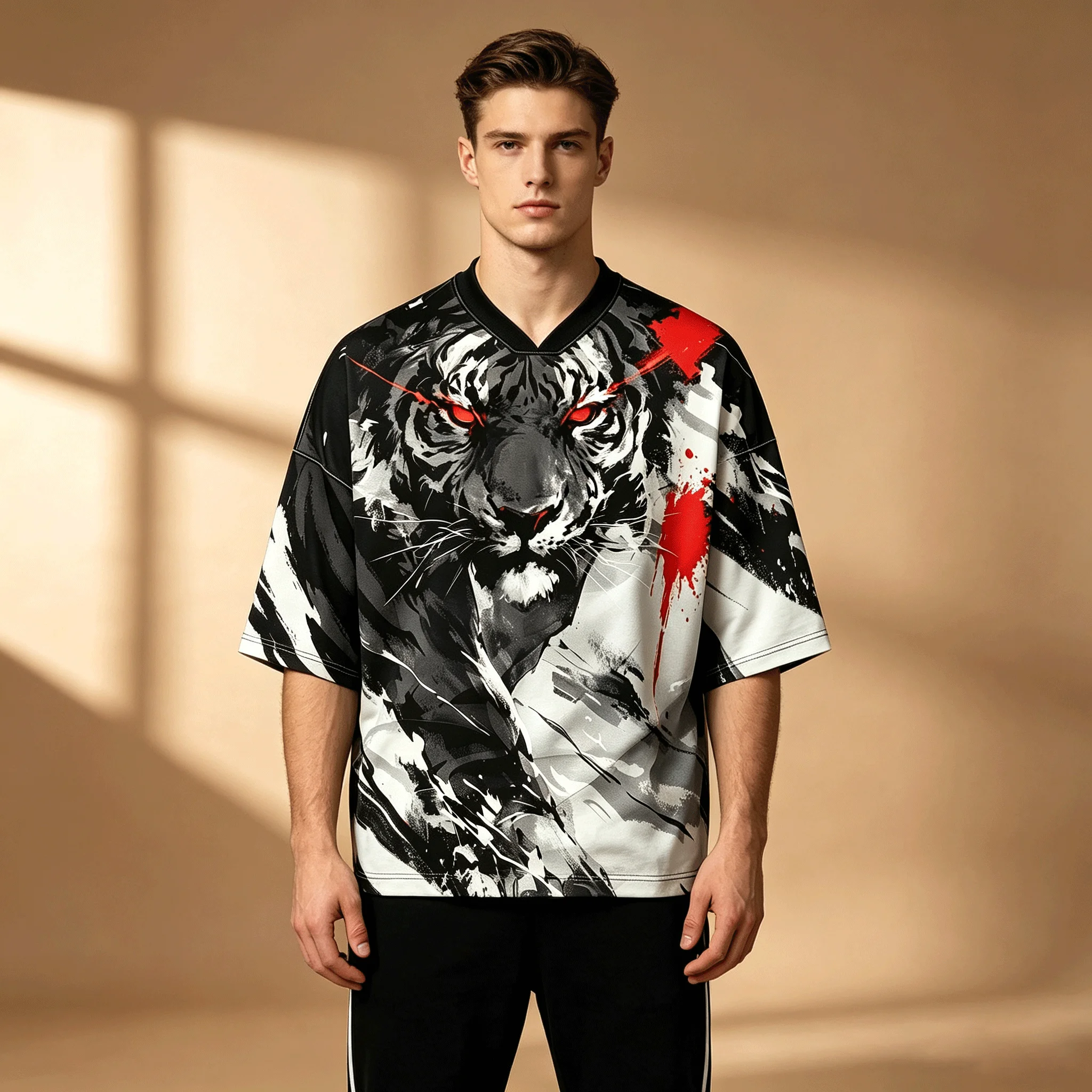 Men's Fashion Black V-neck T-shirt White Tiger Head 3D Printed Red Eyes Inkjet Painting Chinese Style Elements Short Sleeve