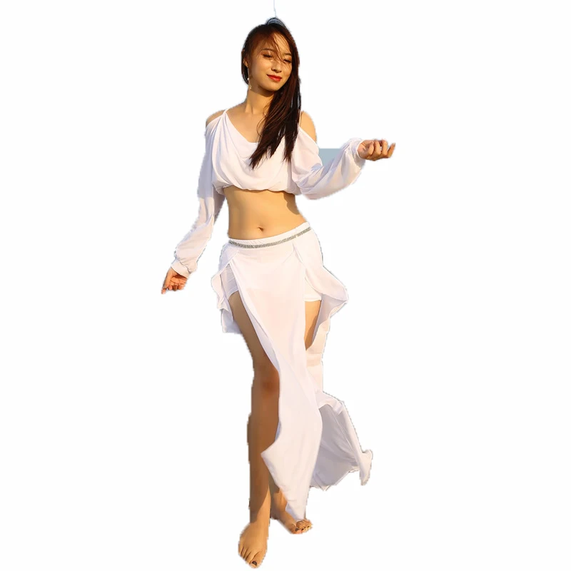 Belly Dance Mesh Costumes Wearing Outfit for Women 2 PCS Set Top Long Skirt Performance Personal Dancing Suit Practice Clothes