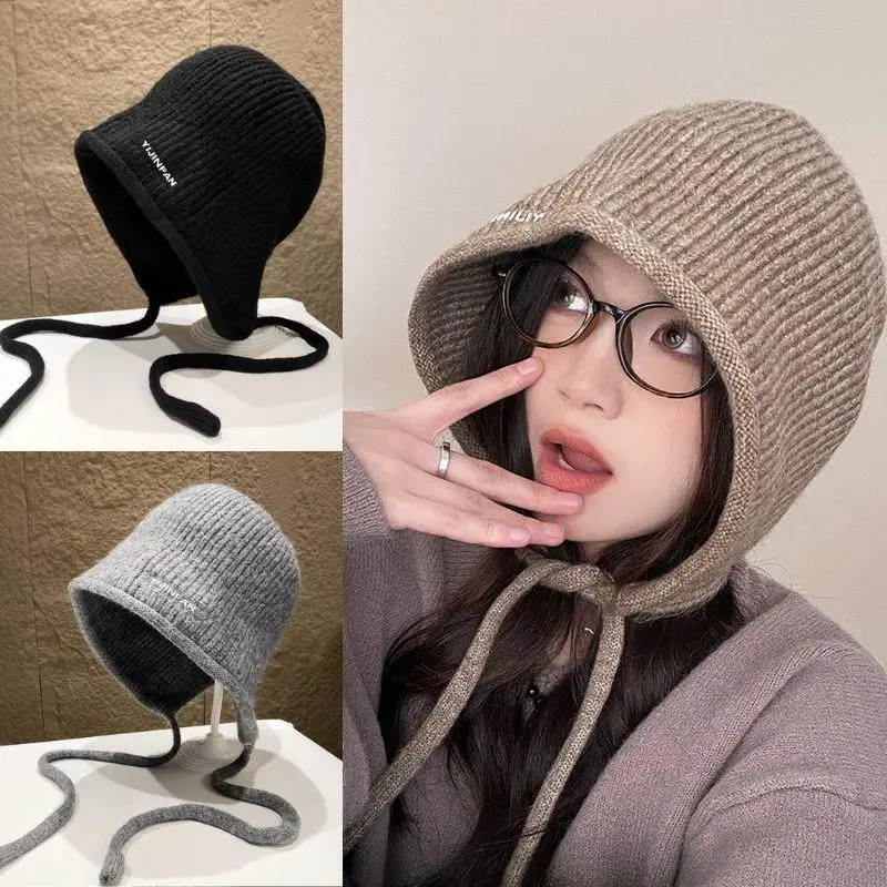 

Balaclava Hats Women Knitted Hooded Caps Winter Korean Style Outdoor Warmer Ear Protection Cap Solid Color Outdoor Beanies Cap