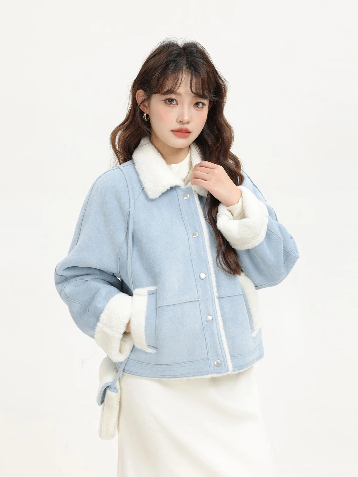 Korean Style Lamb Fur Integrated Jacket Winter Fleece Lined Luxury Suede Short Coat Women's Loose Fit Zipper Closure Pure Color