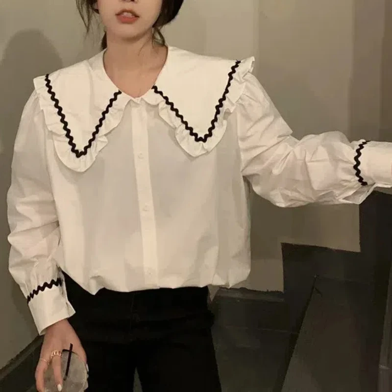

French Style Ruffles Sweet Minimalist Solid Color Spring Autumn 2024 New Long Sleeve Loose Commute All-match Casual Shirt Tops