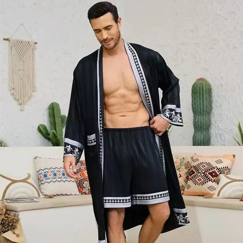 Men's Baroque-style satin robe and shorts pajama set, comfortable sleepwear for home