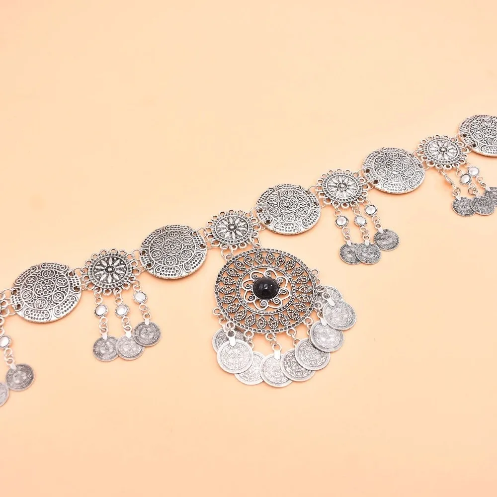 Retro Vintage Münzgürtel mit langen Quasten, Bauchtanzgürtel, gold-silberfarben, geschnitzte Blumen, Körperkette im Ethno-Stil – Detail 4
