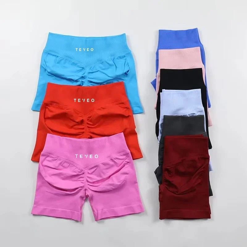 

Summer High Quality New TEVEO Women's Gym Yoga Shorts Spice Girl Stretch Breathable Peach Hip Fitness Running Shorts