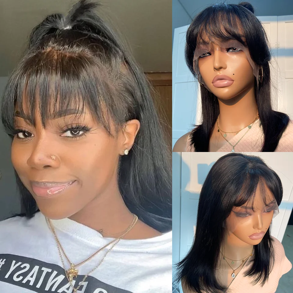 

Short Straight Bob Lace Front Wig With Bangs Malaysia Human Hair Bob Wigs For Women Brazilian Remy Hair Easy Part Lace Bob Wig