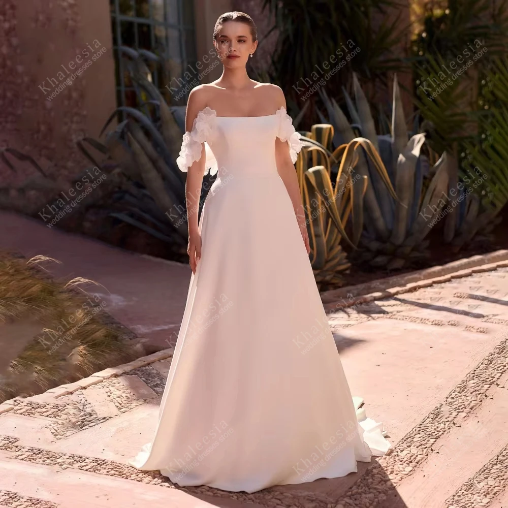 

Modern Wedding Dresses Satin Bridal Gowns Off The Shoulder Robes 3D Appliques Boat Neck Simple Vestidos De Novia Customized 2026