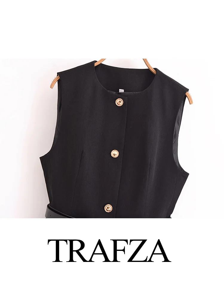 TRAFZA Woman Fashion Solid Single-breasted O-Neck Streetwear Style Top Autumn Women Chic Sleeveless Belt Decorate Slim Vest Top