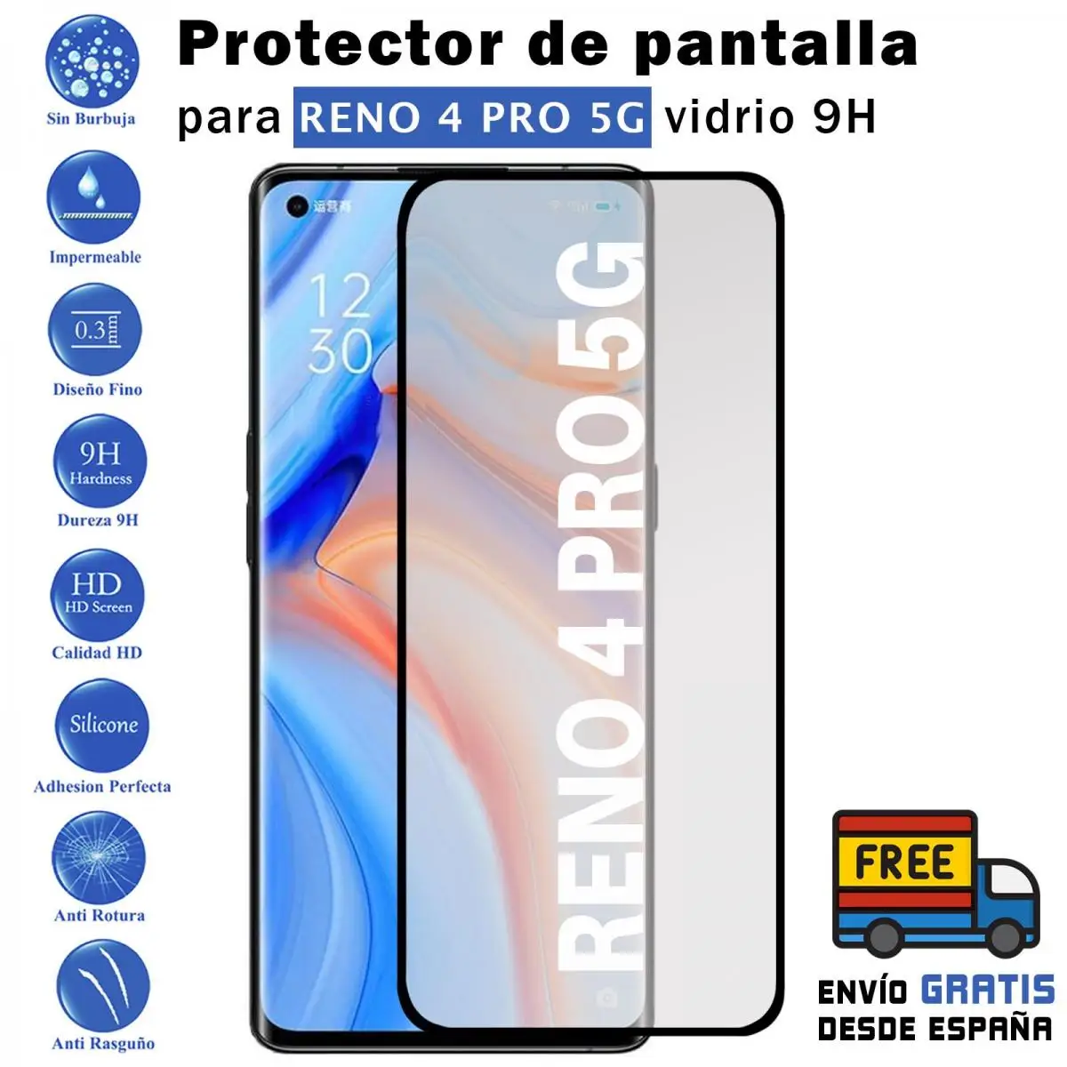 Oppo Reno 4 Pro 5G black tempered glass 9H screen Protector for movil - Todotumovil