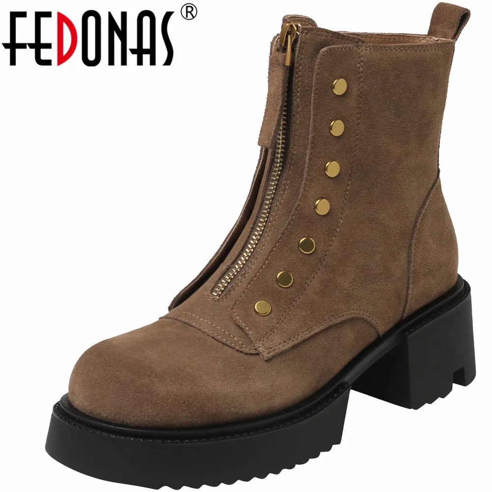 

FEDONAS 2023 Platforms Women Ankle Boots Thick High Heels Fashion Rivets Cow Suede Leather Casual Shoes Woman Autumn Winter New