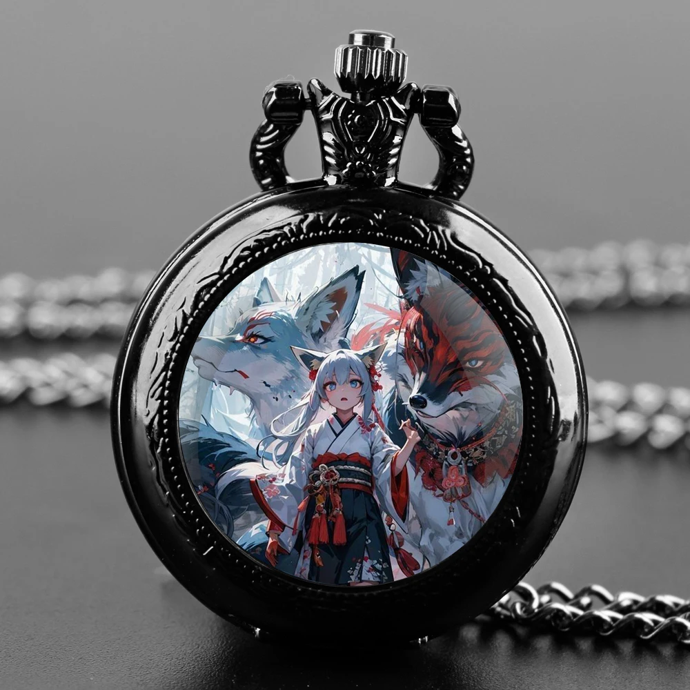 New Quartz Pocket Watch Classic Fox Daughter Theme Glass Dome Arabic Numerals Pendant Necklace Men Womens Gift