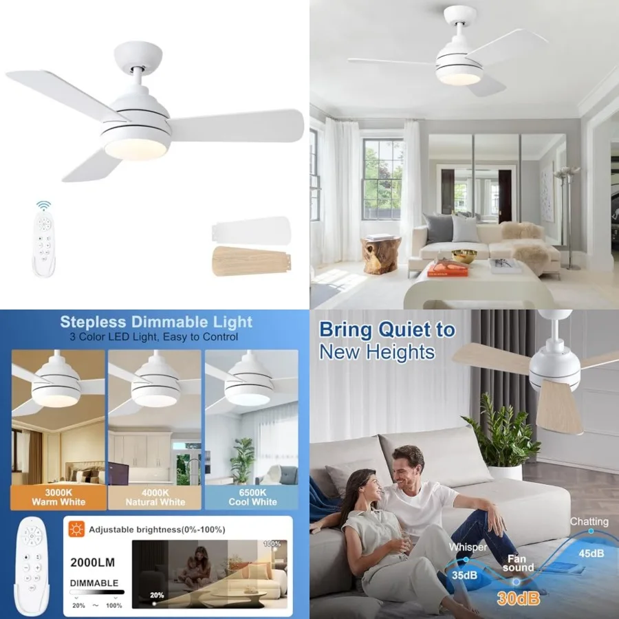 

42 Inch Ceiling Fans with Lights, White Ceiling Fan with Light and Remote DC Reversible 6 Speeds, 3CCT Dimmable, 3 blades Ceili