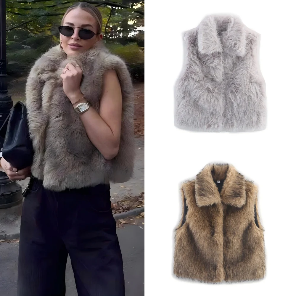 

Women's 2025 winter fashion casual short Fur Faux Leather vest Coat retro sleeveless button up women's vest chic top