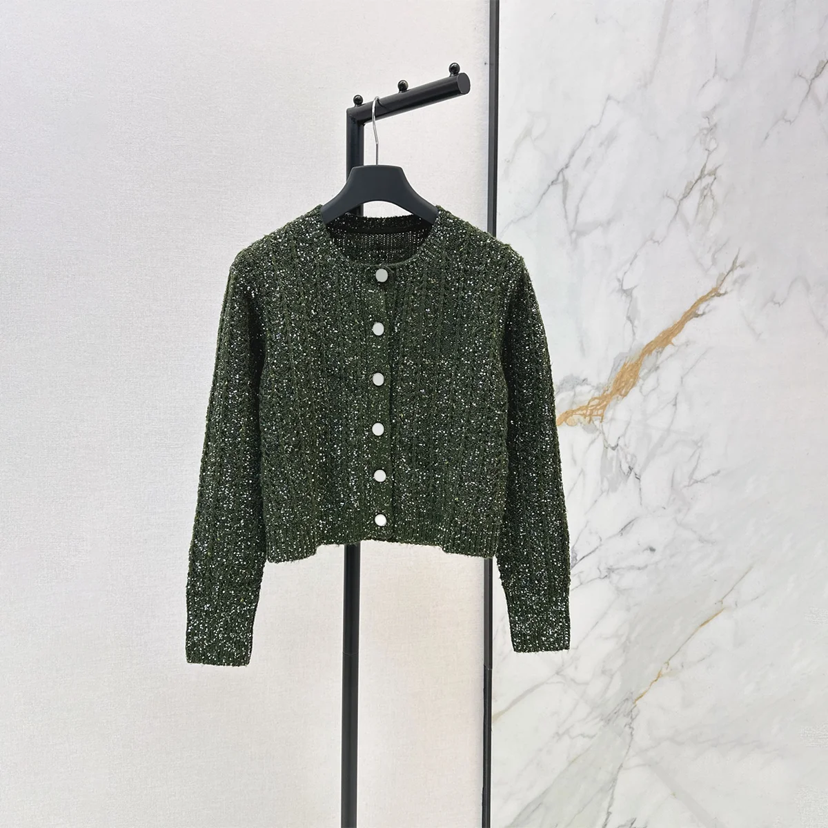 2026 High quality new women's dark green bright silk short round neck Fried Dough Twists texture coat--hb803