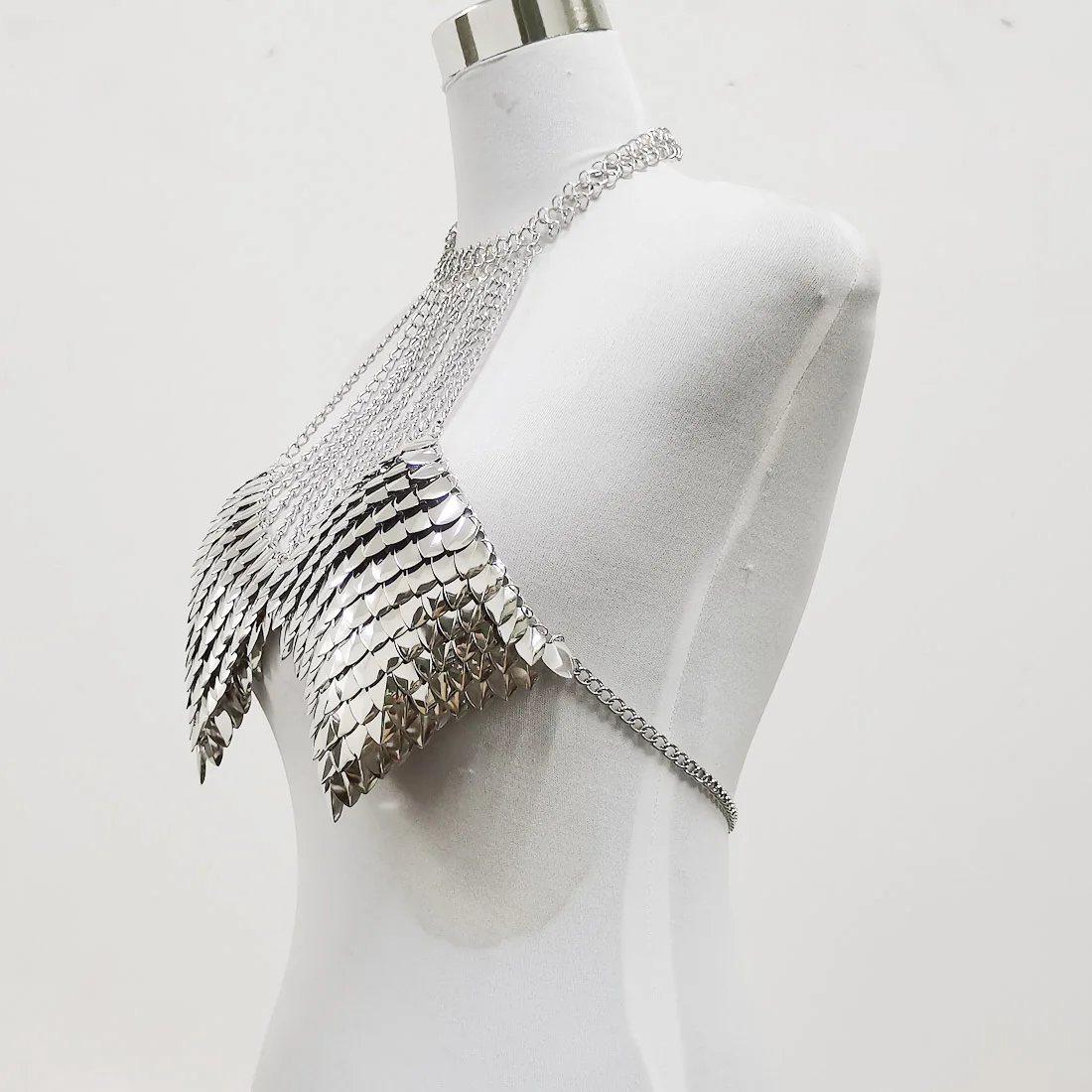Women Silver Scale Body Chain Halter Neck Metal Fish Scale Top Chainmail Chest Harness Festival Rave Outfit Club Party Jewelry