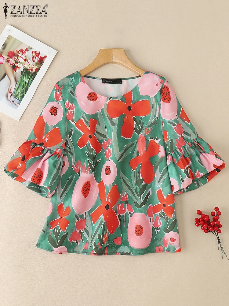 

ZANZEA Day Wear Vacation Floral Print Blouses Casual Fashion O-Neck Loose Tops 3/4 Flared Sleeve Woman 2025 Summer Blusas Mujer