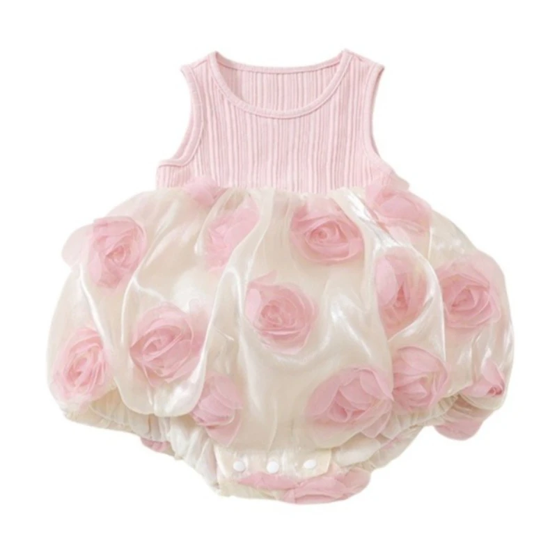 1Pc Embroidered Bud Girls Vest Dress, pink fluffy cake dress, stylish princess style romper for baby girls summer wear