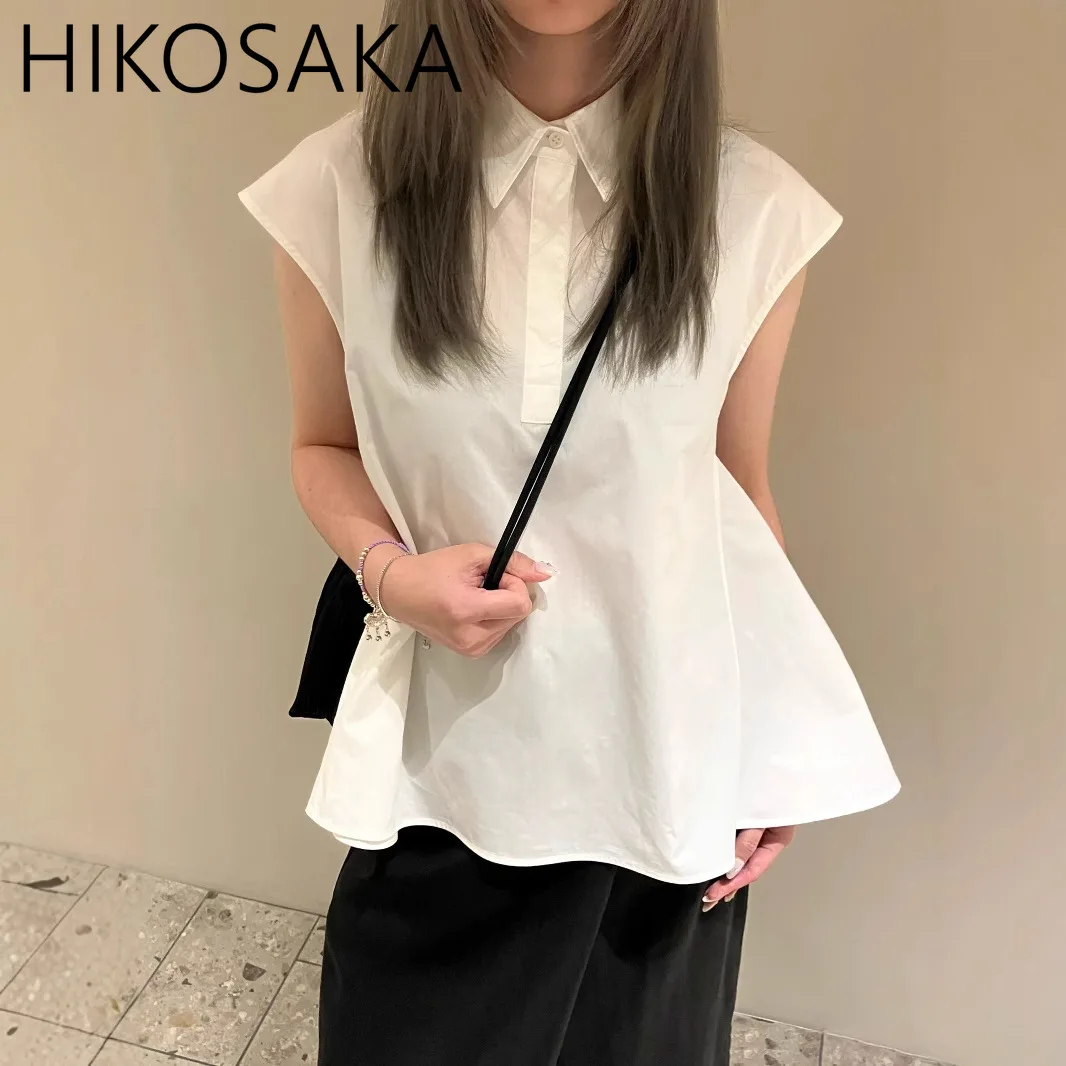

Loose Sleeveless Elegant Blouse Women Turn-down Collar Button Pullover Shirts Slim Waist Elegant Casual White Blusa Commuter Top