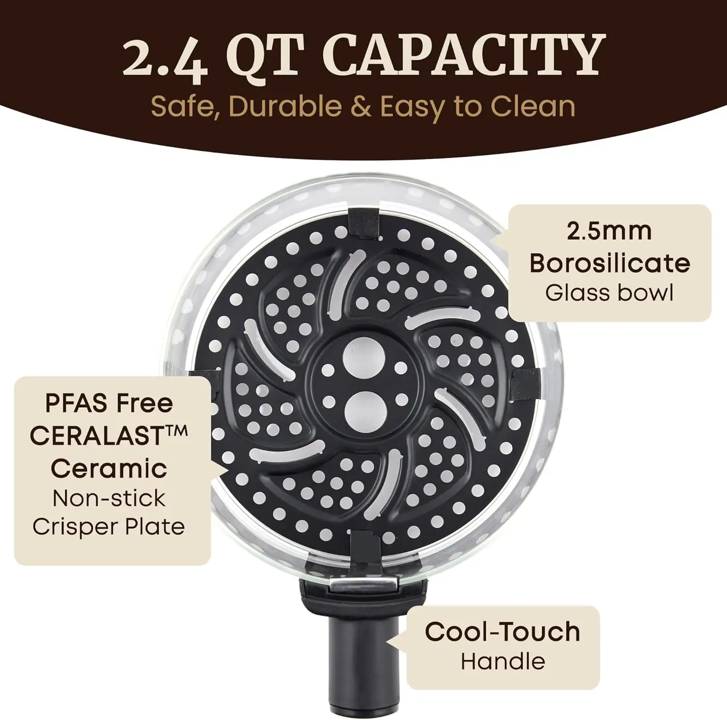 EAF2305 glazen luchtfriteuse, 2,4 Qt, PFAS-vrij keramisch gecoat, 1150 W, 175–400 ° F, timer van 30 minuten, zwart