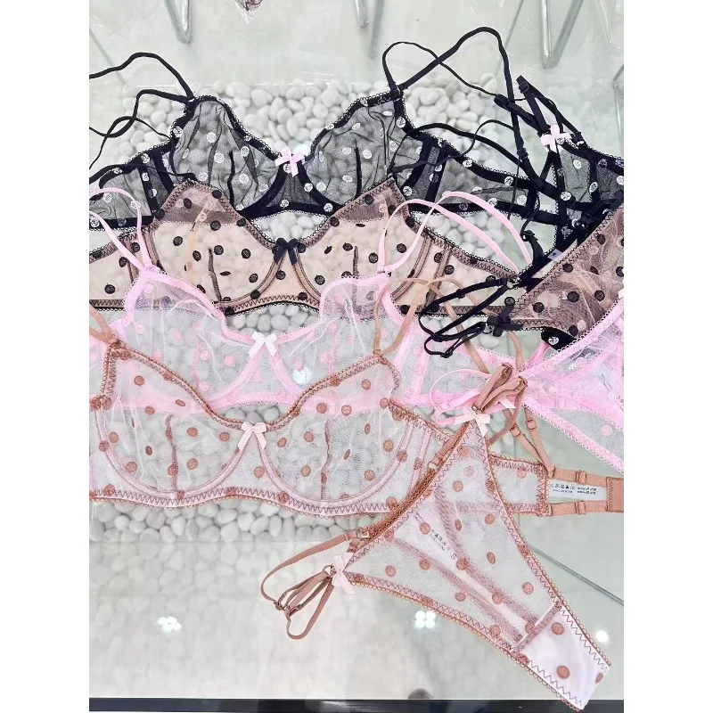 Ultra-Komfort-Französisches BH-Set, kabellos, gepunktetes Netz, große Brust, Minimizer, Push-Up, Anti-Durchhängen, sexy Spitzen-Dessous, dünne MOYISU-BHs