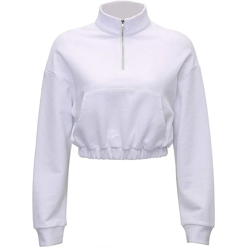 Causal 100% Cotton Short Waistline Hoodie Women's Clothing Polo Lapel Zipper Sports Top Long Sleeve Soild Loose Pullover Tops