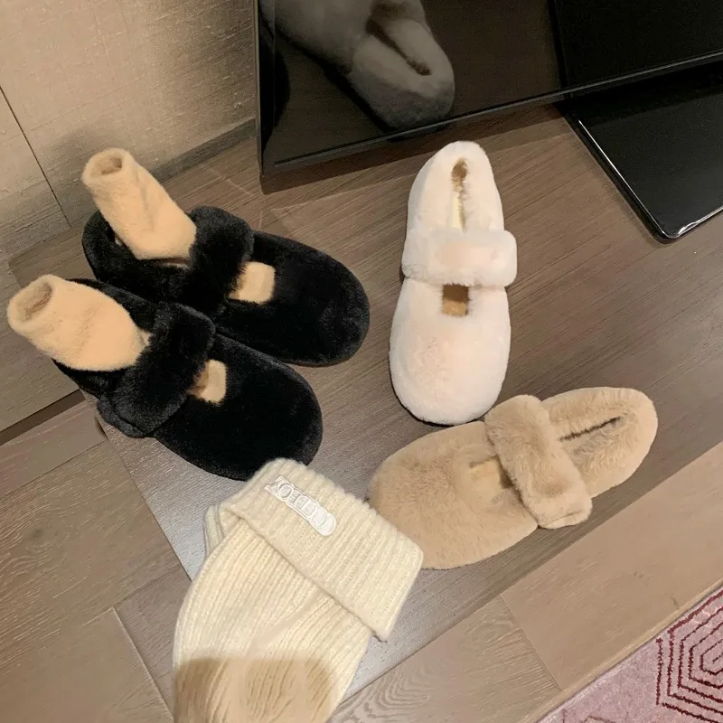 

Large Size Women's Shoes with Fur Fleece Lining Bean Bean Winter Boots Round Toe Low Heel Rubber Bottom Simple Style