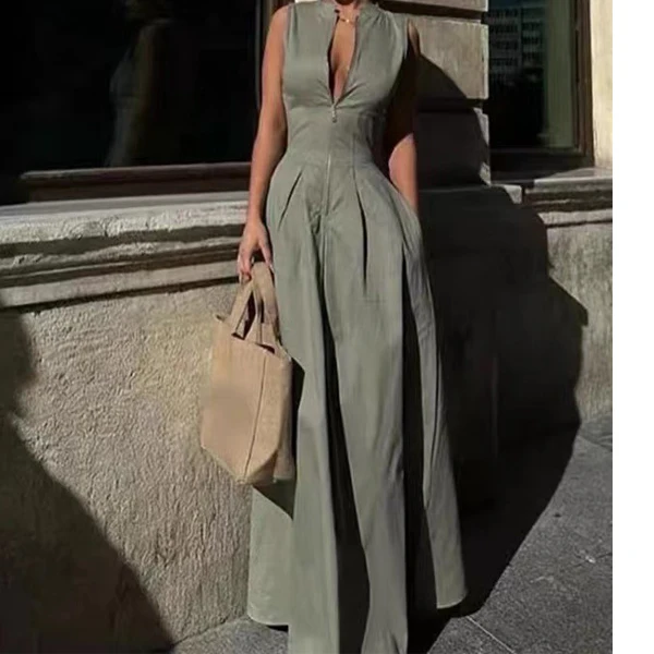 2025 New Women Fashion Sleeveless A-Line Long Dress High Waist Elegant Stand Collar Beige Maxi Dress Vestidos Clothes