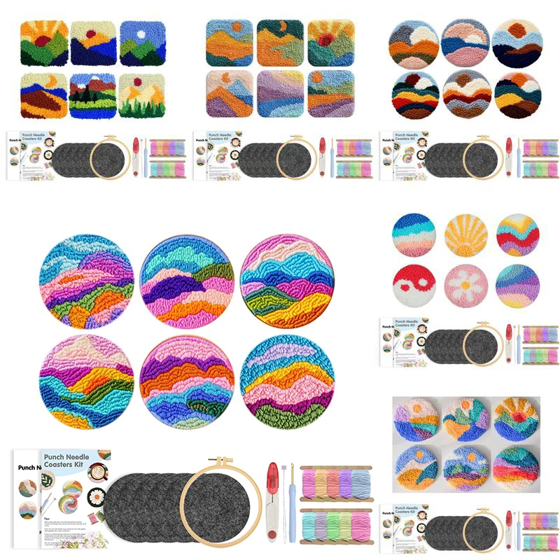 GATYZTORY 6pc/Set Punch Needle Kit for Beginners Easy Punch Needle Embroidery Kit Tool Threader Fabric Hoop Yarn Tufting Coaster