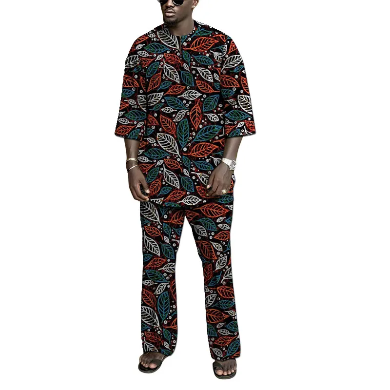 

3/4 Sleeves Set Men's V-Neck Tops Patch Trousers African Couture Retro Print Groom Suit Tailored Performance Costume