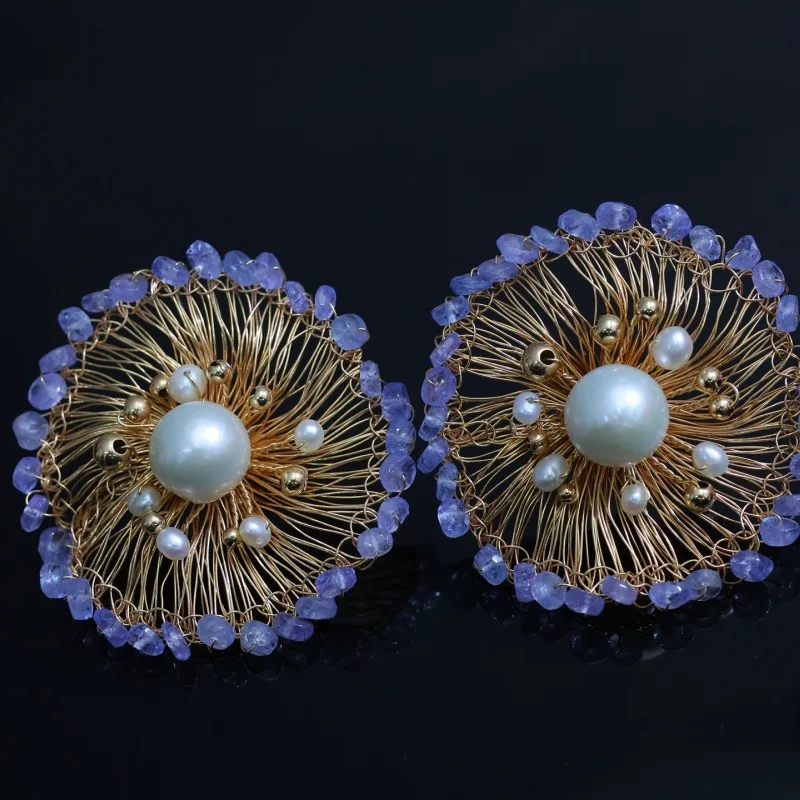 

SGARIT Exaggerated 14K Filled Gold Flowers Pearl Stud Earrings for Women Tanzanite Temperament Earrings Jewelry Party Gifts