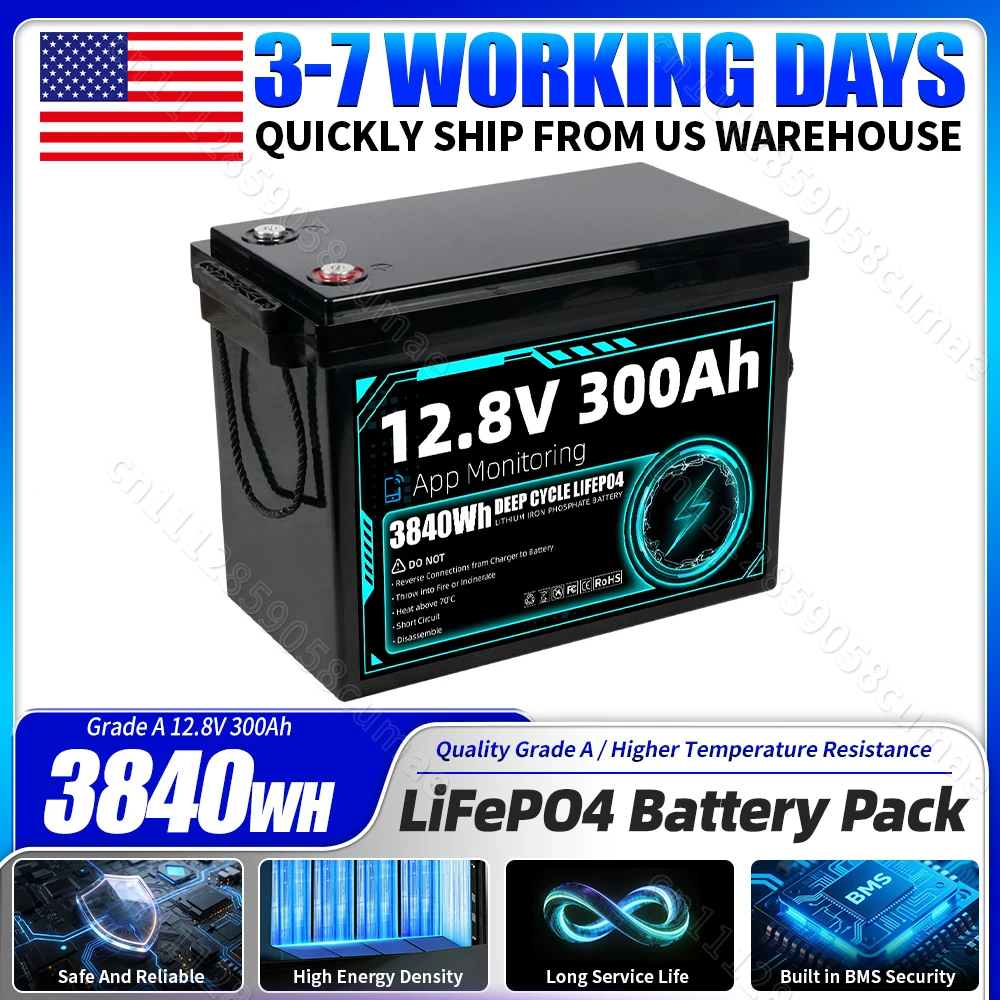 Grade A 12.8V 300Ah Lifepo4 3840Wh Battery 8000+ Cycles Rechargeable LFP batteries Built-in 4S 200A BMS IP65 Protection Safety and Environmental Protection Ithium Iron Phosphate Cell Pack For Trolling Motors Marine Home Energy Storage EV RV