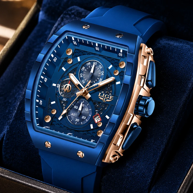 LIGE Outdoor Sports Blue Silicone Watch for Men Waterproof Luminous Chronograph Clock Male Fashion Military Men's Quartz Watches