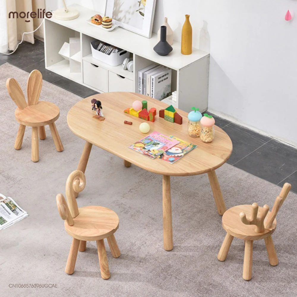 Children\'s Table Stool Wooden Stool Kindergarten Solid Wood Table and Chair Set Baby Writing Learning Game Toy Table Home Use