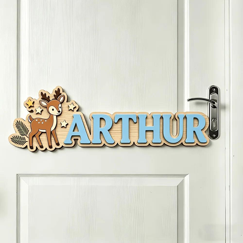 Custom Deer & Star Wooden Name Sign, Personalized Woodland Door Plaque, Cute Nursery Bedroom Decor, Lovely Hanging Gift - view 3