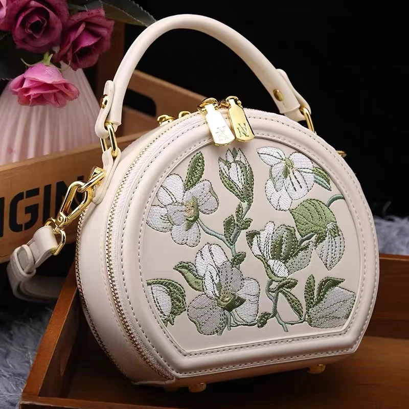 Borsa circolare floreale con ricamo in pelle testurizzata di alta qualità borsa da donna borsa a tracolla borsa a tracolla da donna borsa Casual da