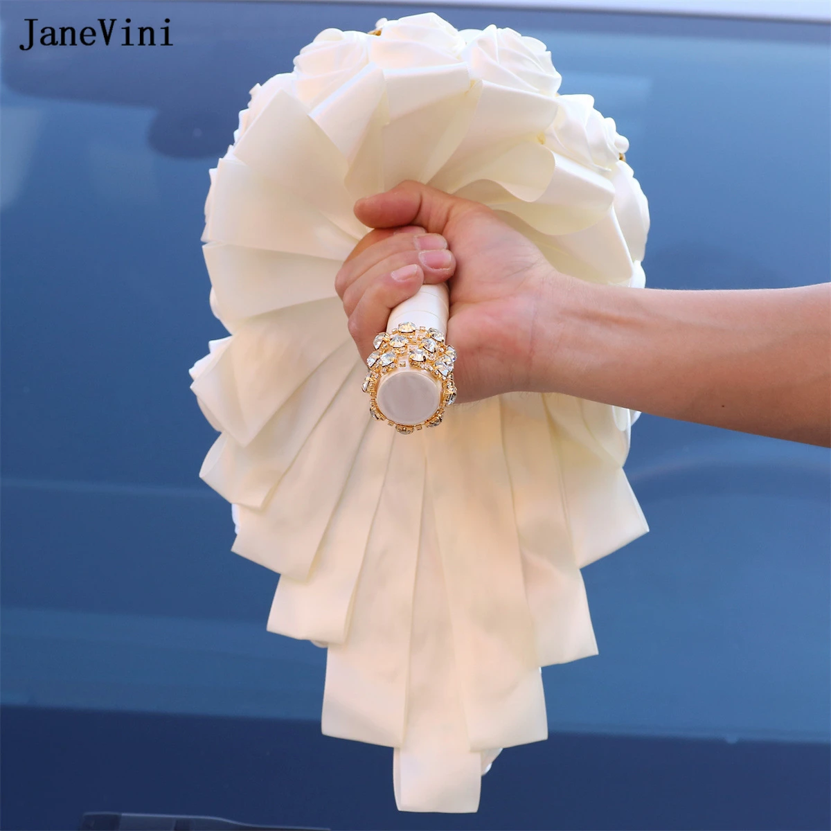 JaneVini Luxury Gold Crystal Ivory Cascading Flowers Waterfall Bridal Bouquets Artificial Satin Rose Bouquet Wedding Accessories