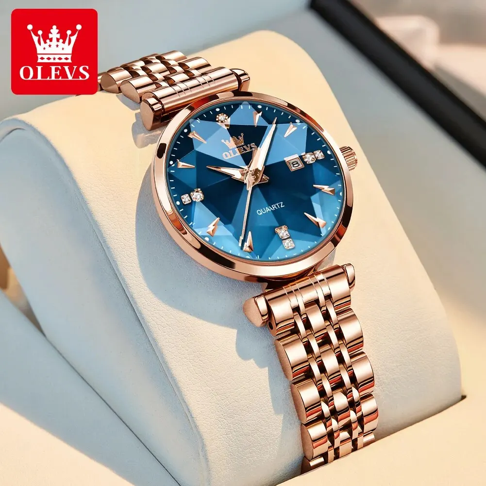 OLEVS 5536 Quartz Watch for Women Fashion Luxury Rhombus Mirror Rose Gold Stainless Steel Waterproof Luminous Ladies Wristwatch